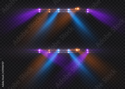 Colorful stage spotlight beams with glowing haze for concert, nightclub and performance scenes. Vector lighting effects isolated on a transparent background.
