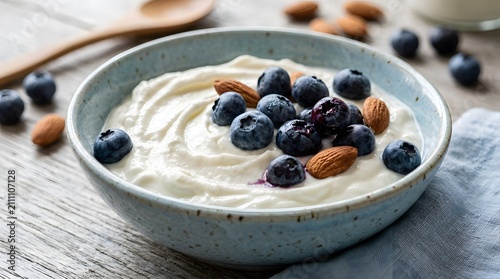 Healthy breakfast bowl with yogurt blueberries and almonds.