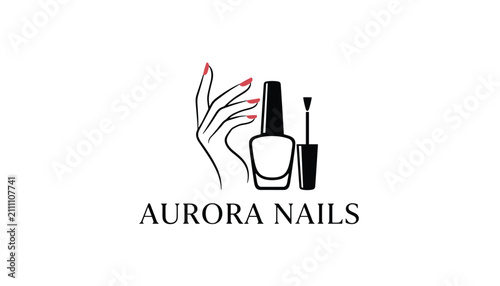 Nail salon elegant logo for aurora nails displaying a hand with polished pink nails beside a classic nail polish bottle.