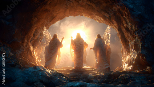Divine Resurrection of Jesus Christ at the Stone Tomb with Heavenly Angels and Radiant Light