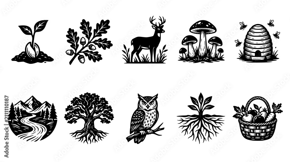 Fototapeta premium Hand-drawn nature and wildlife icons set. Minimalist forest elements collection for eco branding and sustainable design.