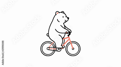 Polar bear riding a pink bicycle on white background.