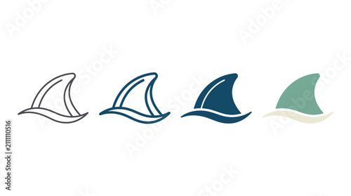 Set of Four Minimalist Shark Fin Vector Icons Representing Marine Wildlife and Ocean Conservation in Various Graphic Styles