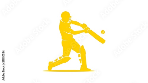 Cricket batsman silhouette icon. Yellow sports player graphic hitting a ball.