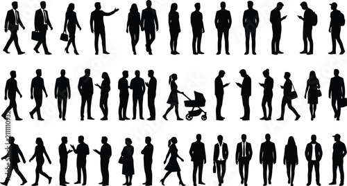 Business and Casual People Silhouette Set, Walking, Standing, Talking and Shopping Vector Collection