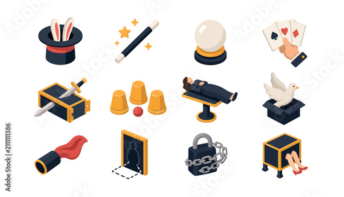 Foto Flat design magic show props and tricks icons set.