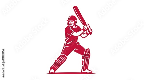Cricket player in batting stance icon. Red silhouette of a batsman ready for the game.