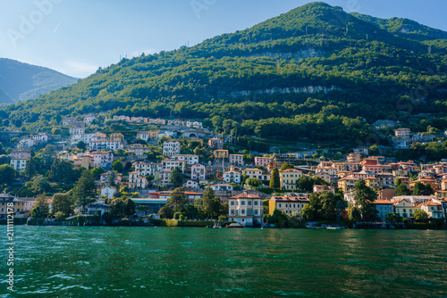 Canvas Print Scenic view of colorful houses on hillside overlooking Lake Como in Carate Urio,