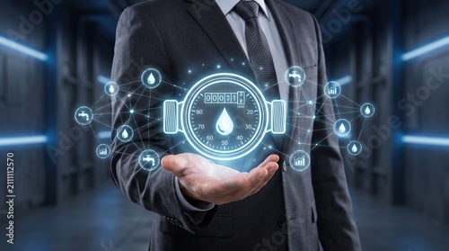 Businessman holding holographic water meter. Smart utility monitoring with digital interface.