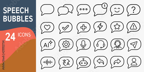Speech bubbles icons vector line art outline style set of 24 chat bubbles communication symbols including ai artificial intelligence chatbot support voice wave message balloon and dialog collection