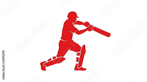 Cricket player silhouette icon. Red athlete figure swinging a bat in a sports game.