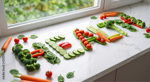 Woman Arranging Fresh Vegetables on Kitchen Counter | Healthy Eating and Organic Food Preparation