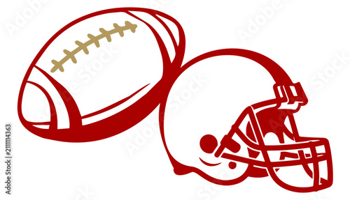 Football badge illustration with red ball and helmet clean outline design. A bold classic fan design perfect for apparel sublimation prints and merchandise.