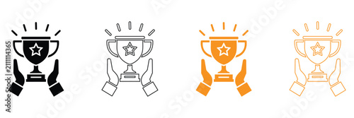 Hands Presenting Trophy Cup Icon Set, Winner Award Vector Illustration with Star and Rays for Success Concept, Champion Achievement, Victory Symbol and Competition Prize Banner