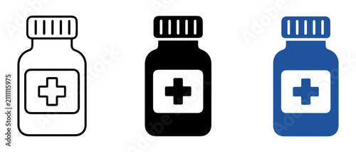 Medicine bottle icon set. Set of icons in various styles on a white background