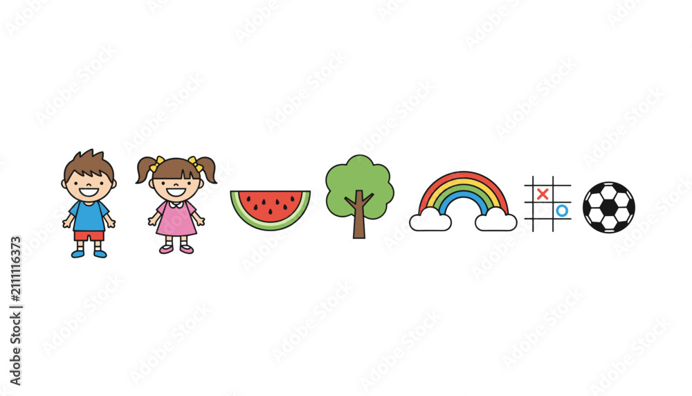 Fototapeta premium Cute cartoon children graphics and summer play icons including watermelon rainbow soccer ball and board game.
