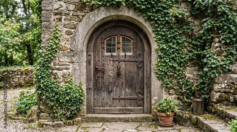 Fototapeta premium old wooden door with ivy