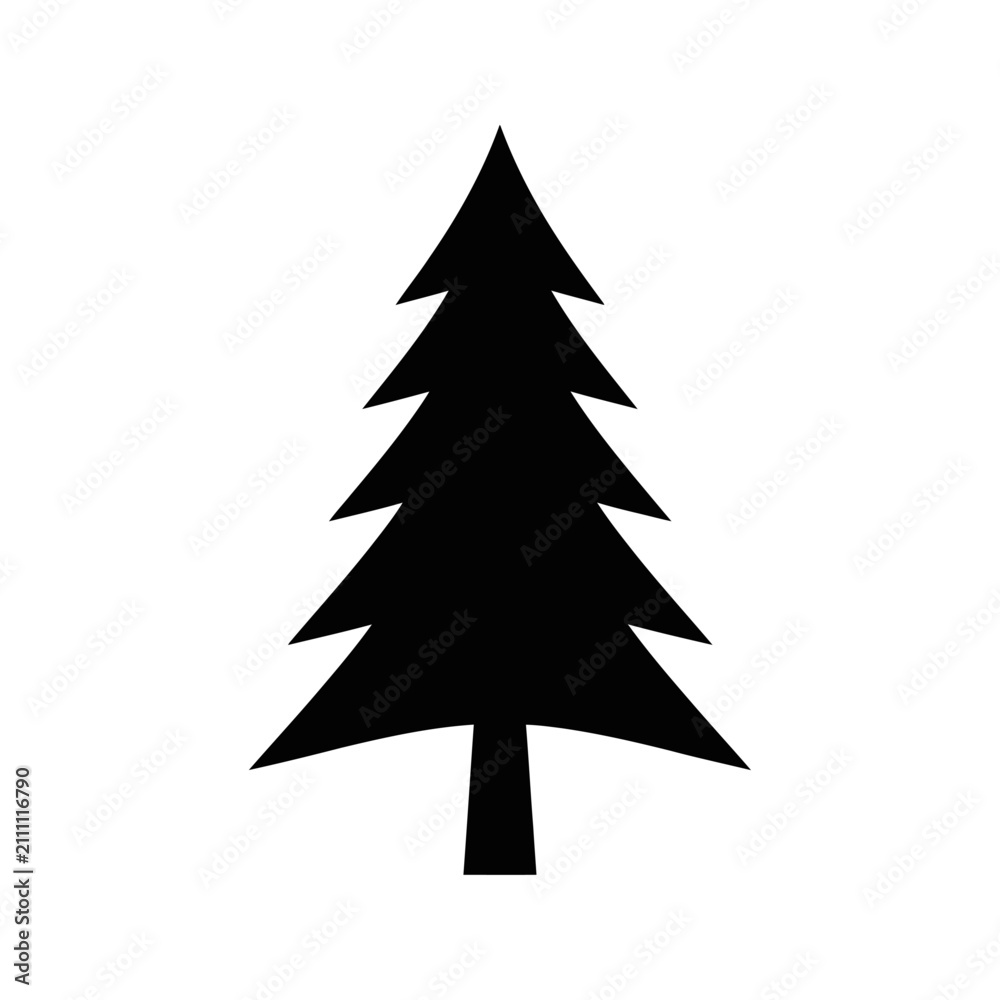 Obraz premium Simple black silhouette of a coniferous tree, resembling a pine or Christmas tree, on a plain white background.