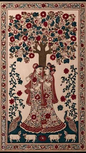 Traditional Kalamkari painting of Radha and Krishna beneath a flowering Kadamba tree, graceful flowing garments with intricate floral motifs.