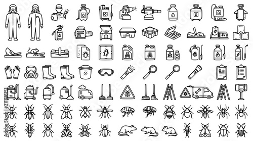 Foto Pest Management Outline Icon Collection with Exterminator Equipment and Pest Sym