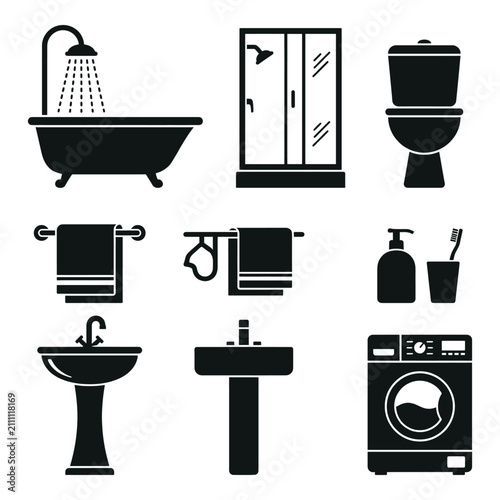 Collection of bathroom essentials icons featuring bathtub shower toilet sink towel rack soap toothbrush washing machine isolated designs