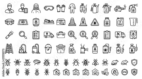 Pest Control Service Black Outline Vector Icon Set with Personnel Equipment and Safety Symbols