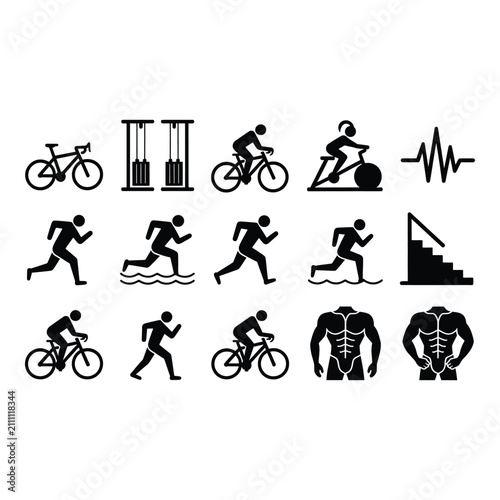 Collection of black and white icons depicting various fitness activities and exercise equipment isolated on transparent background