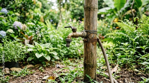 Bamboo water faucet in garden.