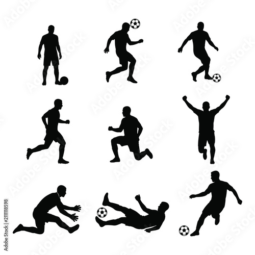 Collection of diverse black silhouettes of male football players engaged in various actions on a transparent background showcasing dynamic movements and skills of the sport