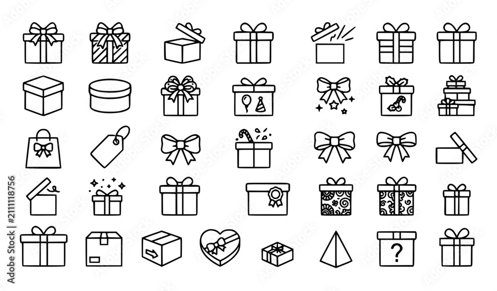 Fototapeta premium Premium gift, present, box, surprise and celebration line icons set