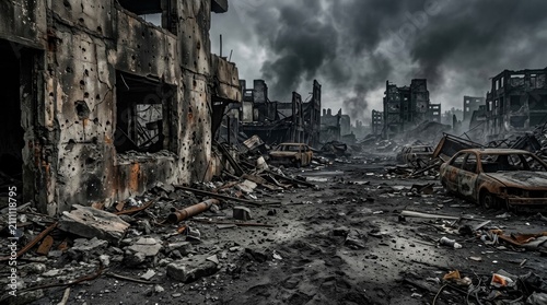 War destruction scene with rubble streets.