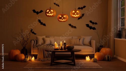 Cozy living room with Halloween decor. Perfect for autumn holiday design.