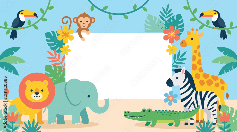 Fototapeta premium Whimsical Jungle Animal Party Invitation Frame Illustration with Vibrant Tropical Foliage and Copy Space for Festive Messages