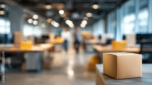 Cardboard boxes on a desk in a modern office with a blurred, moving team working, new job concept.