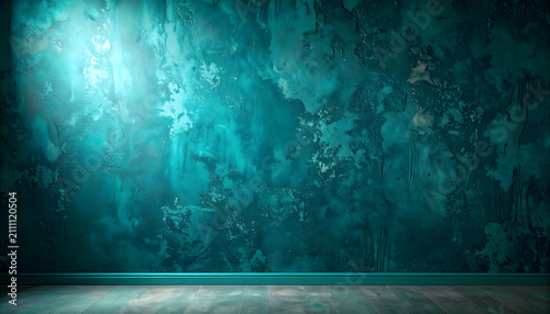 Dark teal matte wall texture with soft scuff marks and a moody vignette