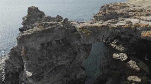 Aerial view of the rocky arc in the Black sea near Tyulenovo village, Bulgaria.
