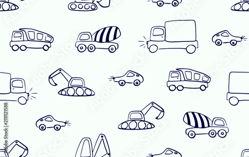 Seamless pattern of construction and automotive machinery drawn in a doodle style.