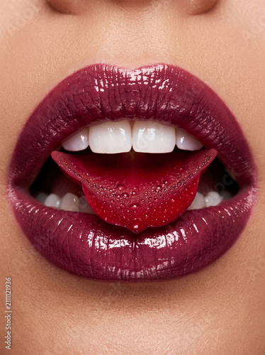 Glossy berry lips holding a red rose petal, representing passionate New Year romance and luxury holiday beauty campaigns.