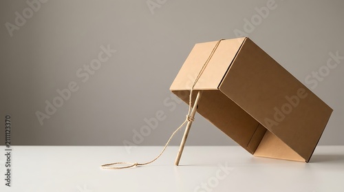 Simple cardboard box trap with wooden stick prop and tied string rope prepared for catching small animals like rodents on bright white table surface against minimalist gray wall backdrop.