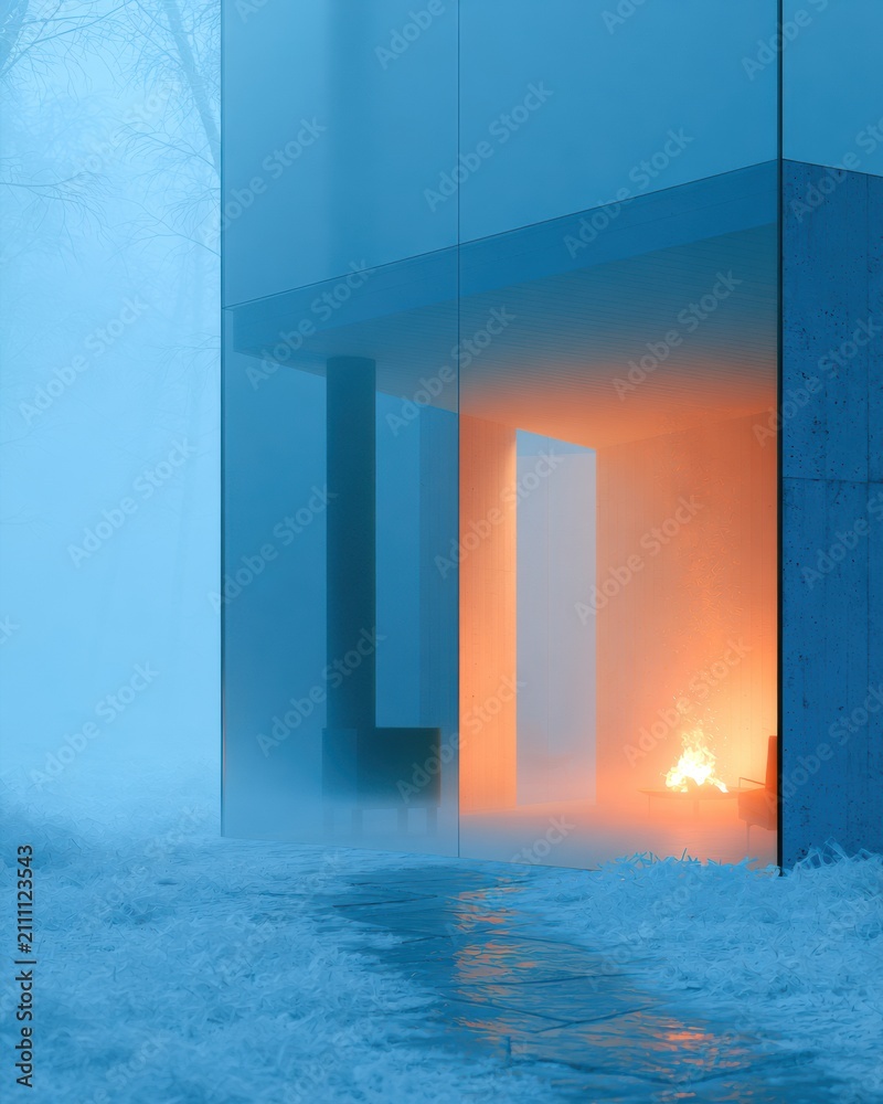 Obraz premium A glass house stands in a winter scene. Warm light from a hearth glows through frost. The place feels inviting in the cold.