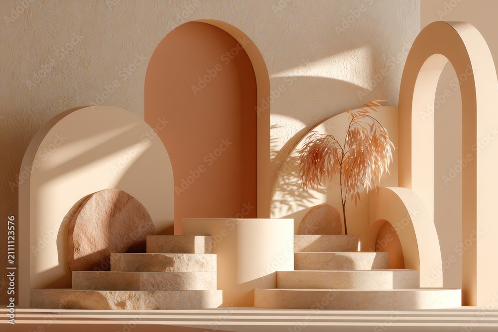 Obraz premium Abstract architectural background with geometric arches, stairs and circles,