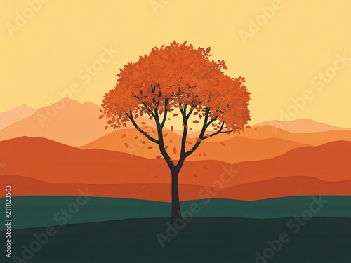 A single autumn tree stands before layered hills at sunset. Nature concept.
