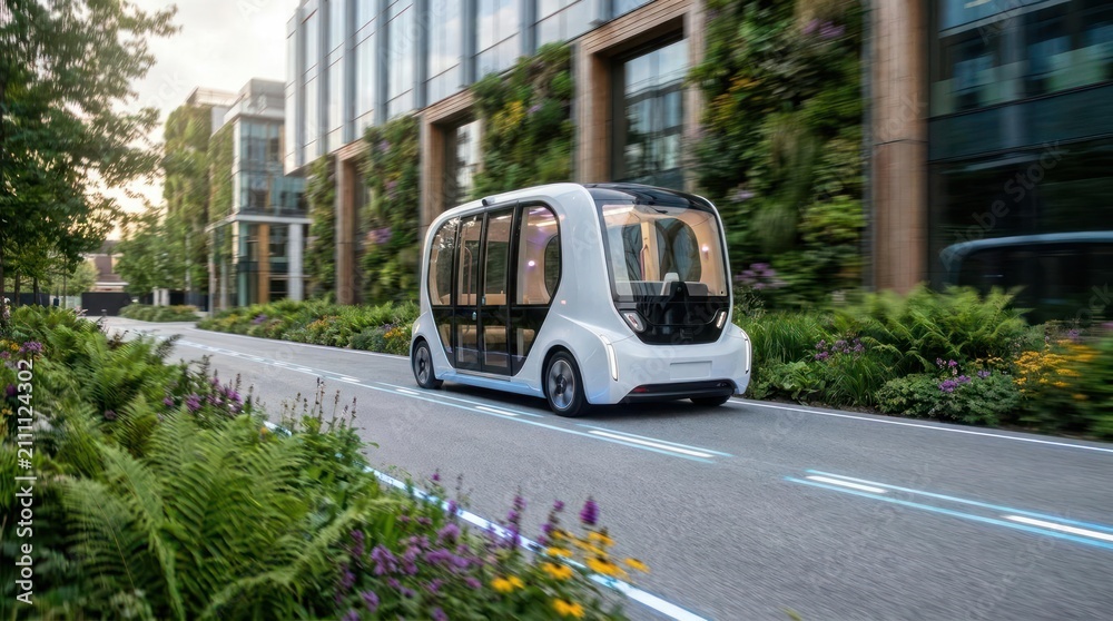 Fototapeta premium Autonomous electric shuttle bus in modern city