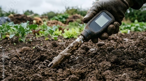 Gardener using soil moisture meter in lush vegetable garden for optimal plant health care
