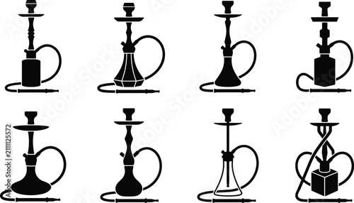Foto Hookah Shisha Silhouette Vector Set with Traditional Water Pipes, Smoking Access