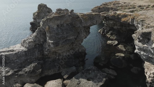 Aerial view of the rocky arc in the Black sea near Tyulenovo village, Bulgaria.
