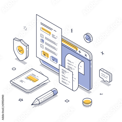 Terms and conditions internet agreement legal form concept isometric line vector illustration. User policy safety contract insurance application document information guarantee approval commitment