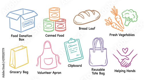 Food donation volunteer charity grocery icons collection visually represents essential items and concepts for community support, giving, and aid initiatives.