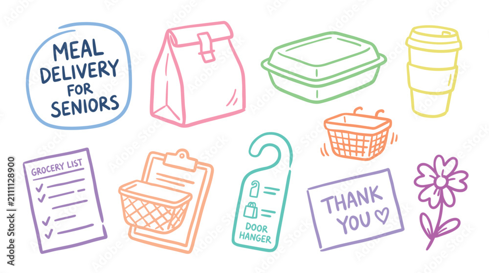 Fototapeta premium Colorful hand-drawn icons representing meal delivery, senior assistance, and community support initiatives, perfect for illustrating helpful services.