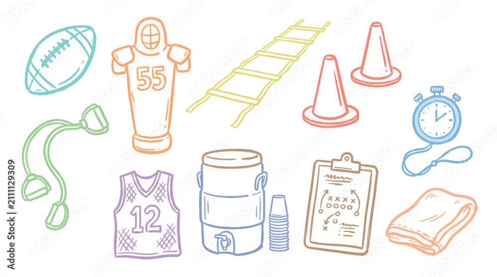 Fototapeta premium Various sports training equipment and accessories are playfully illustrated in a colorful doodle style, perfect for athletic and fitness-related designs.